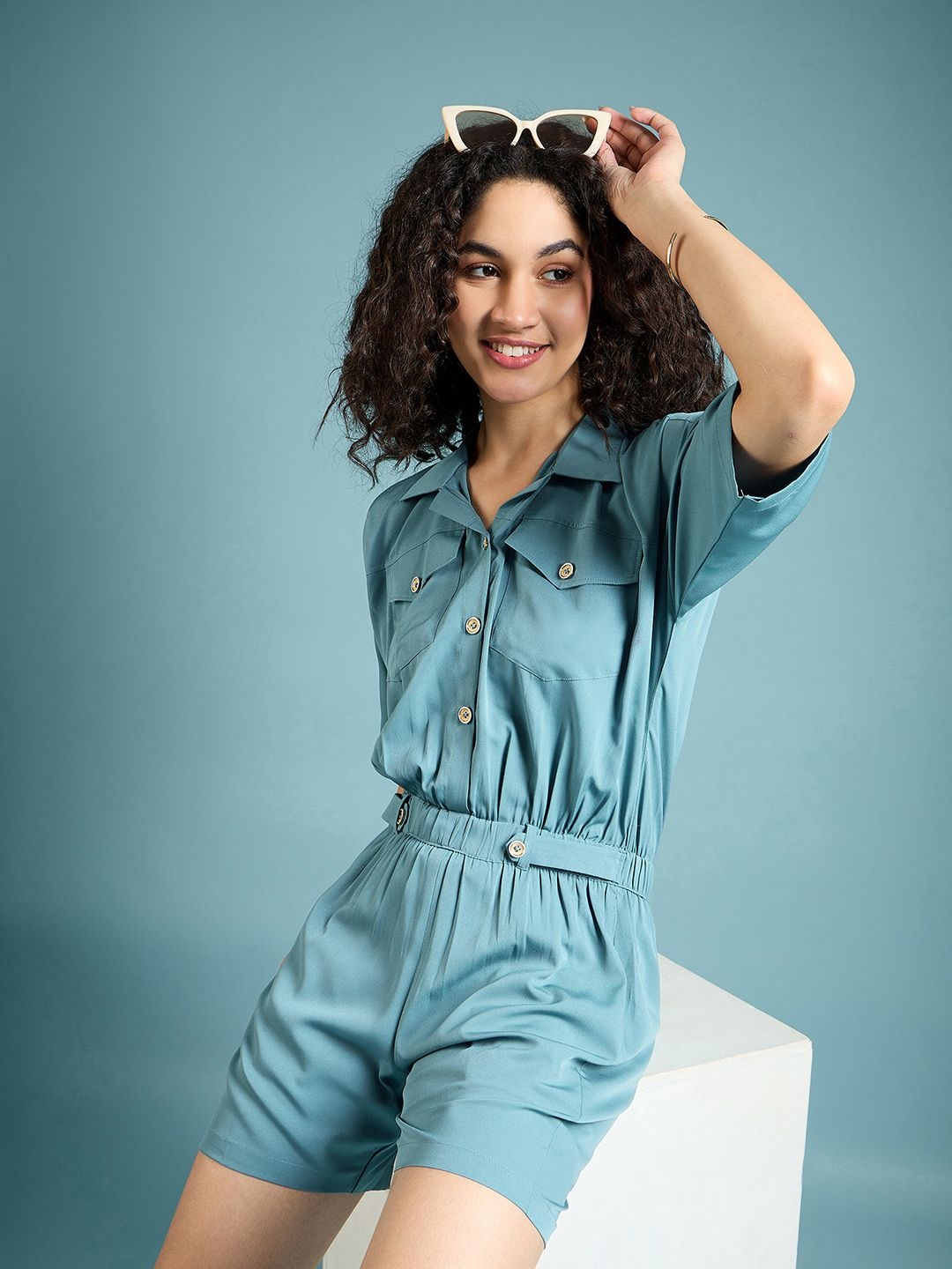 

DressBerry Women Shirt Collar Short Sleeves Jumpsuit, Teal