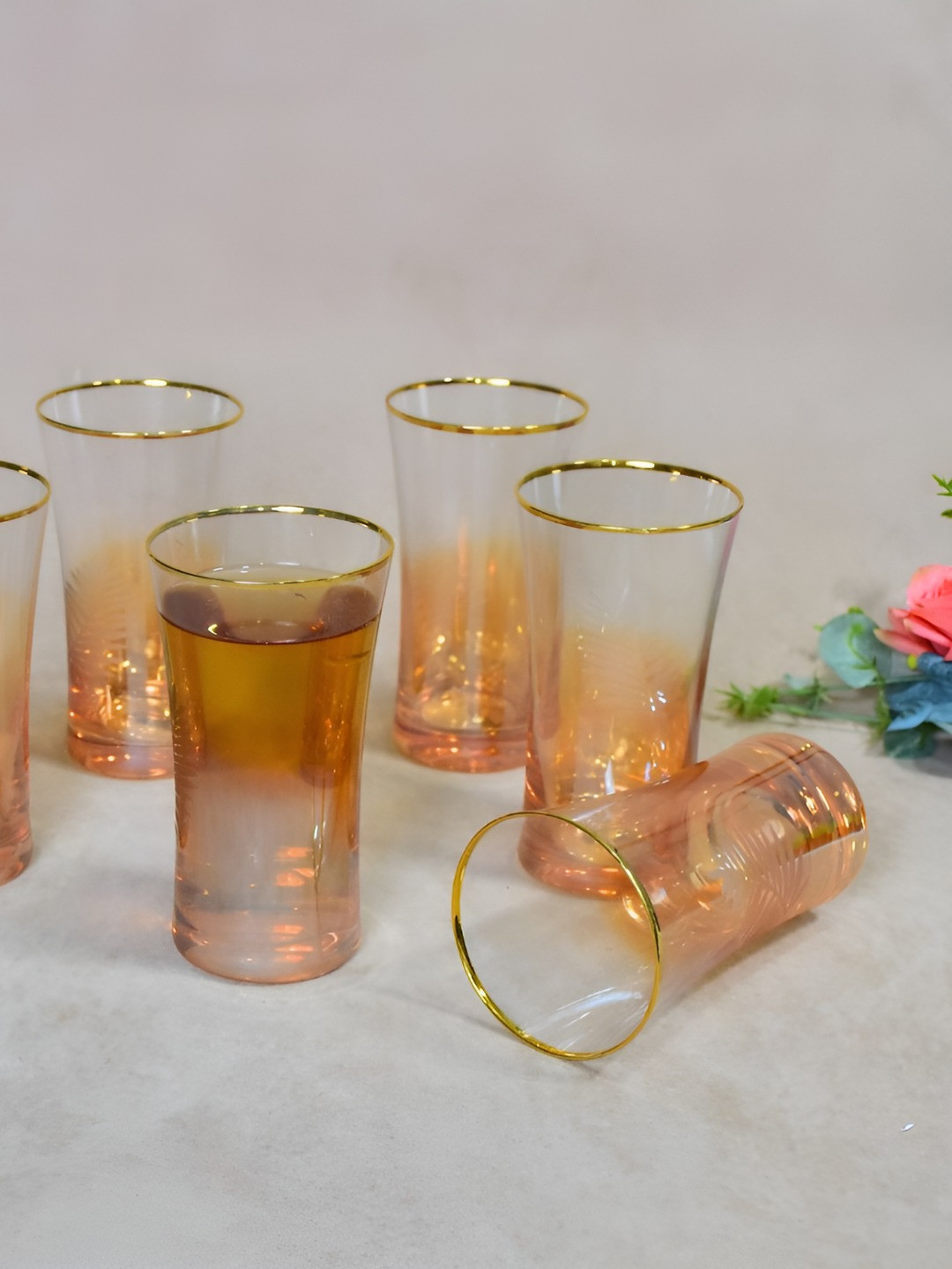 

THE HOME CO. Gold Toned & Transparent 6 Pieces Printed Glass Juice Glasses 350ml