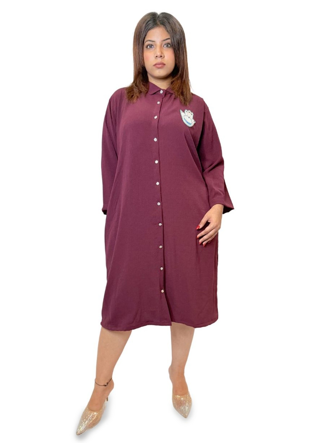 

JAC INDIAN Plus Size Shirt Collar Shirt Dress, Maroon