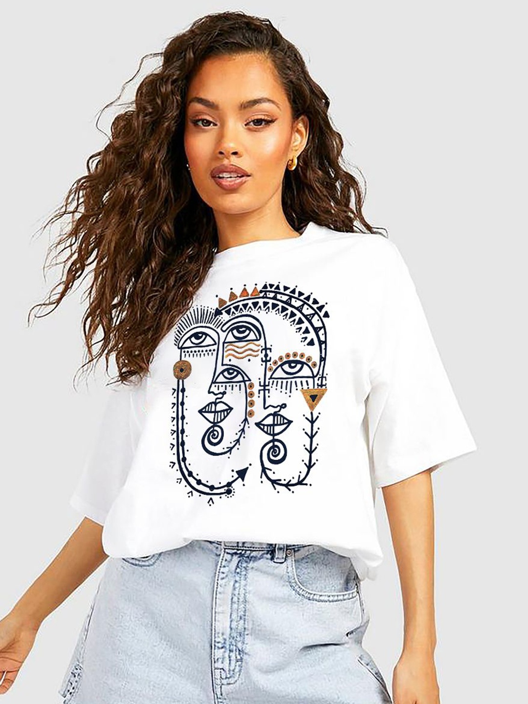 

VLAM Women Graphic Printed Round Neck Cotton Oversized T-shirt, White