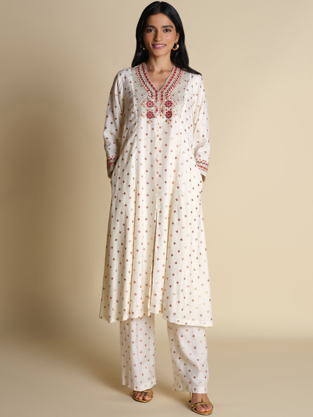 

Global Desi Women Embroidered Regular Thread Work Kurta with Palazzos, Off white