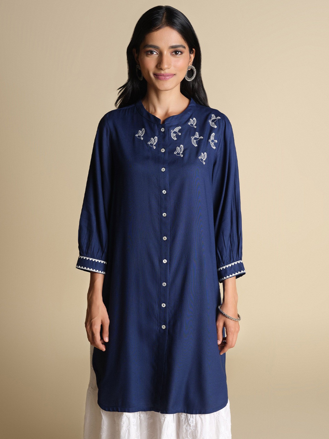 

Global Desi Mandarin Collar Embroidered Tunic, Navy blue