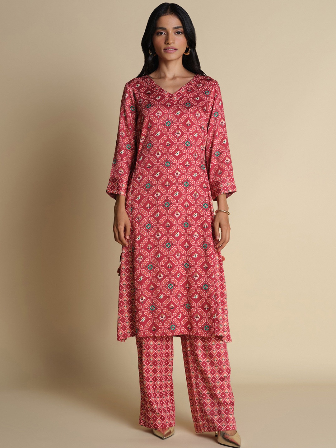 

Global Desi Women Printed Regular Kurta with Palazzos, Red