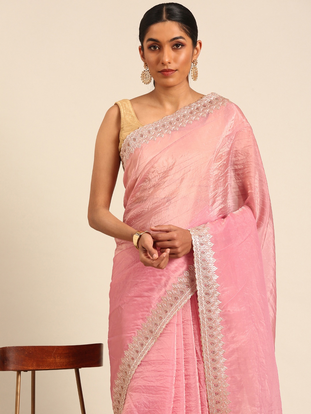 

Mitera Embroidery & Stones Crush Tissue Designer Saree, Pink