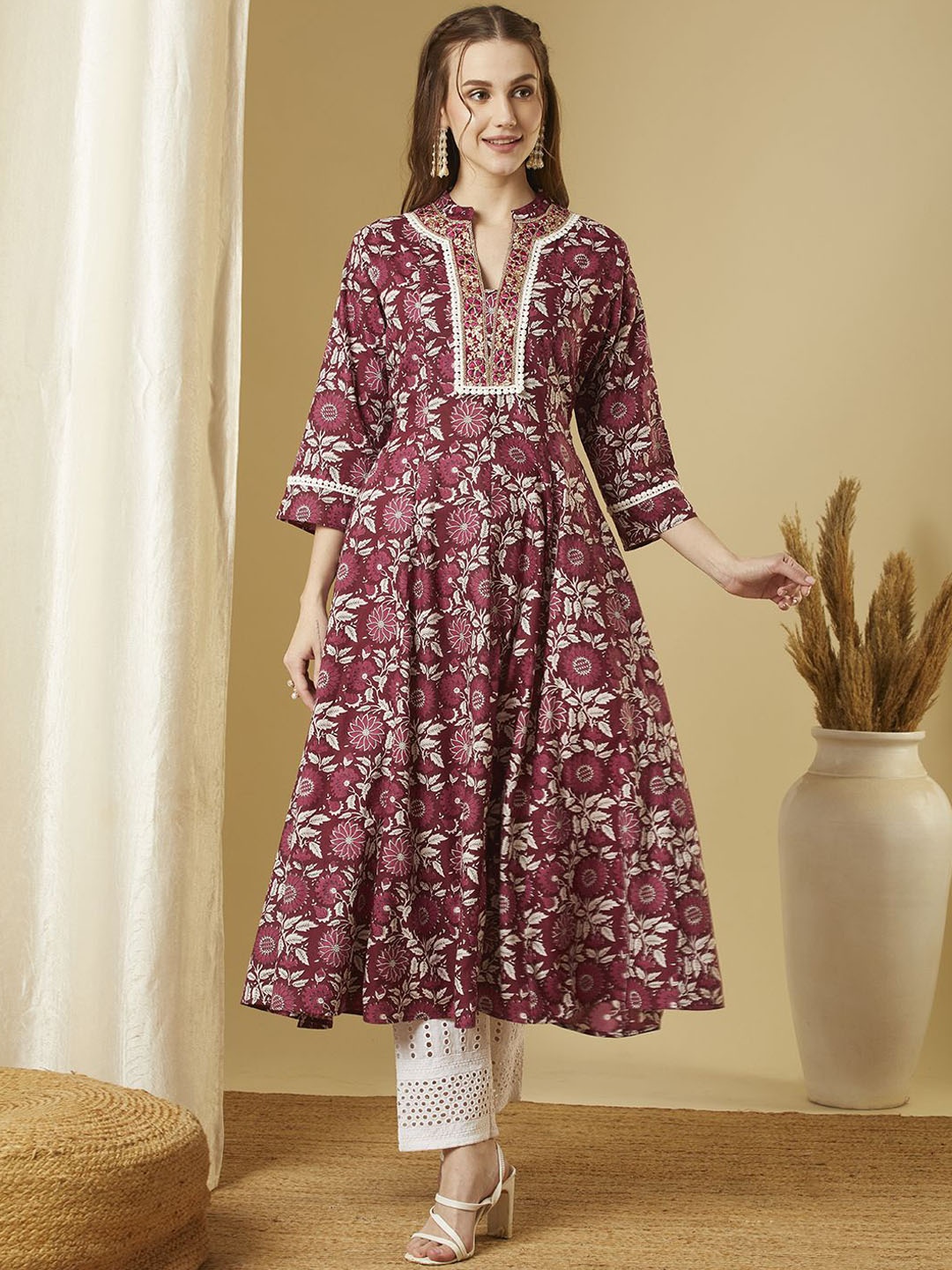 

FASHOR Floral Printed Thread Work Mandarin Collar Pure Cotton Anarkali Kurta, Burgundy