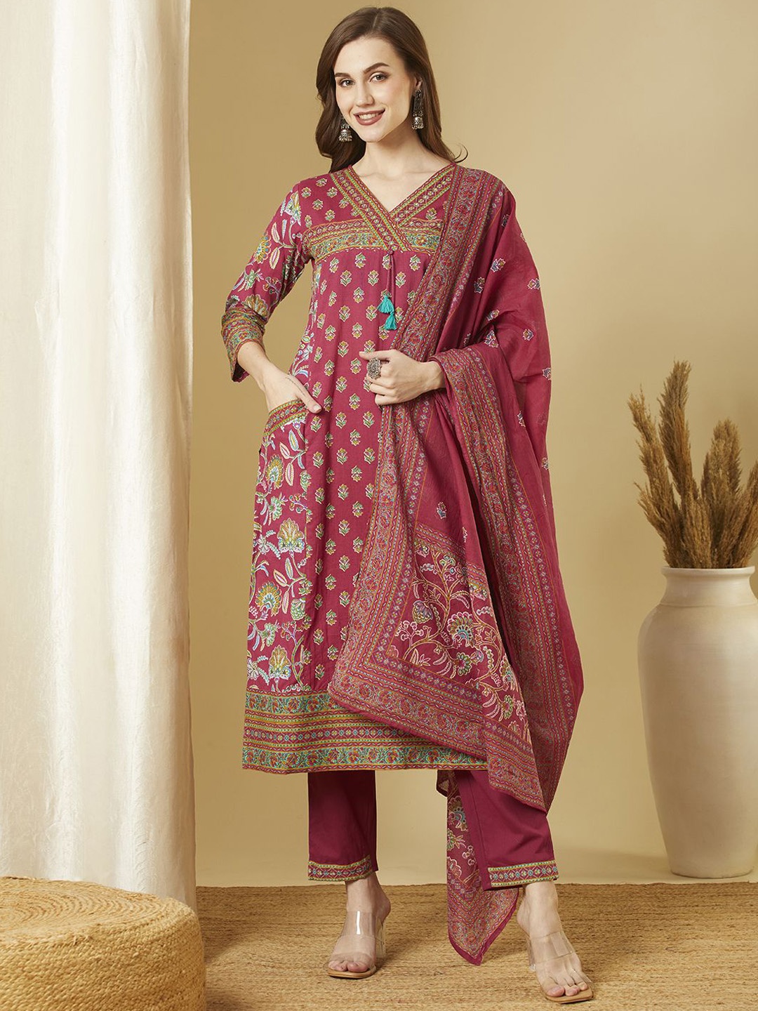 

FASHOR Women Ethnic Motifs Printed Regular Mirror Work Pure Cotton Kurta with Trousers & With Dupatta, Purple