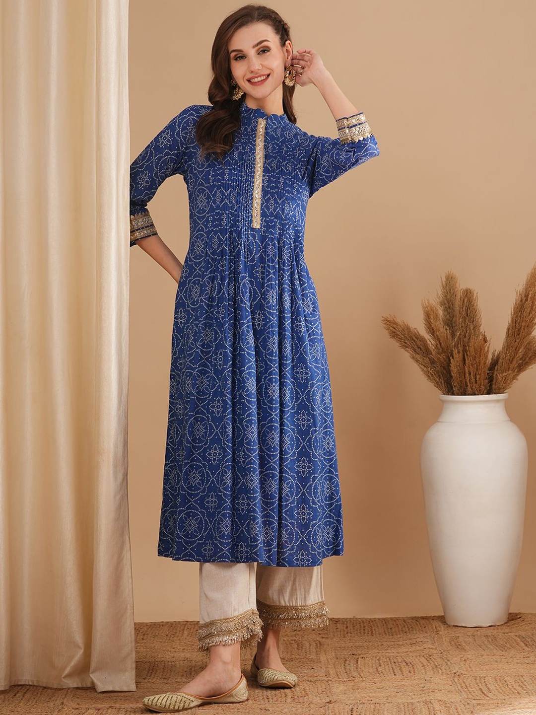 

FASHOR Bandhani Printed Gotta Patti Mandarin Collar Pure Cotton A-Line Kurta, Blue