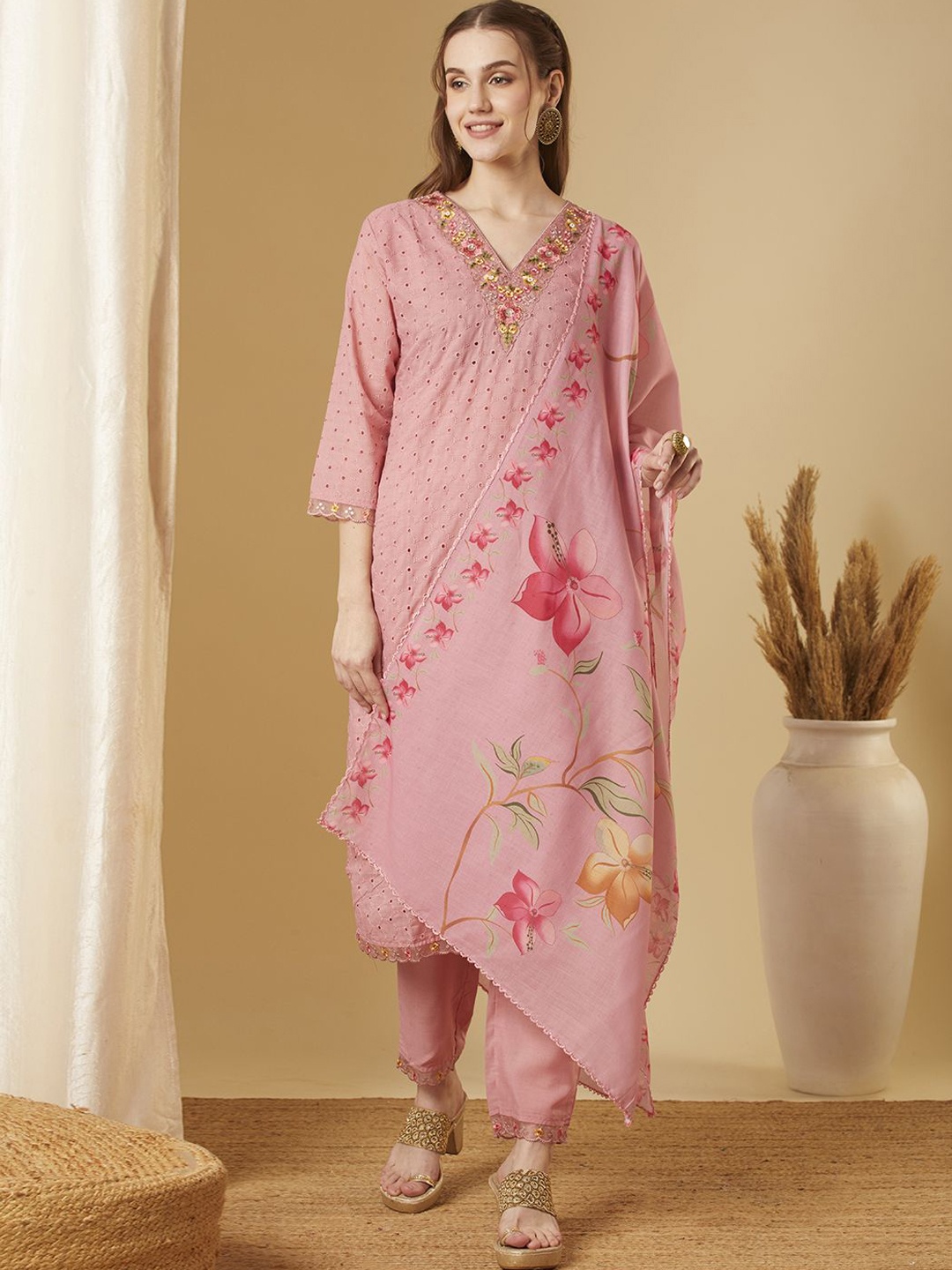 

FASHOR Schiffli Embroidered V-Neck Pure Cotton Straight Kurta With Trousers & Dupatta, Pink