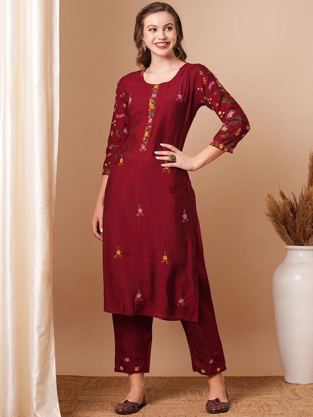 

FASHOR Maroon Embroidered Round Neck Tunic With Trouser