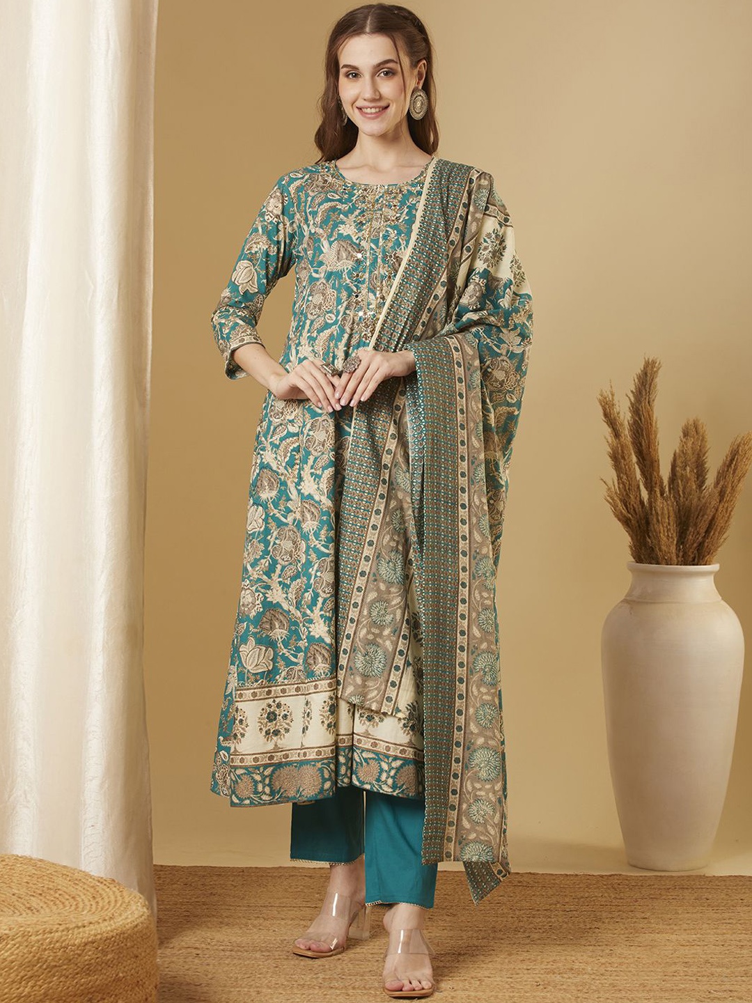 

FASHOR Ethnic Motifs Printed Panelled Pure Cotton Anarkali Kurta With Trousers & Dupatta, Green