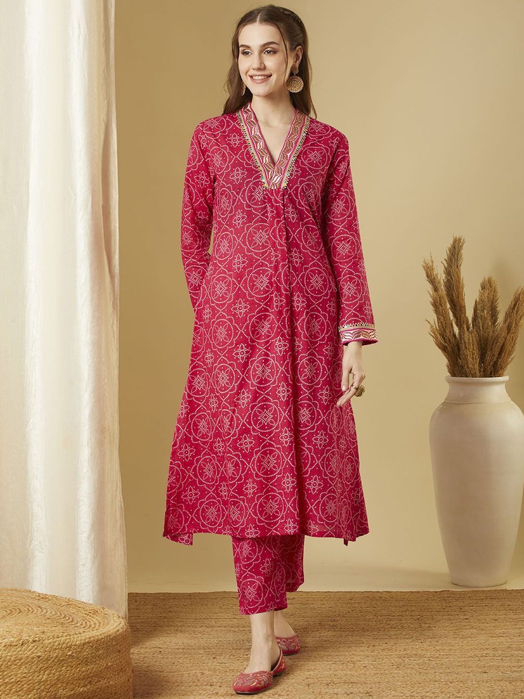 

FASHOR Pink Printed A-Line Pure Cotton Tunic With Trouser