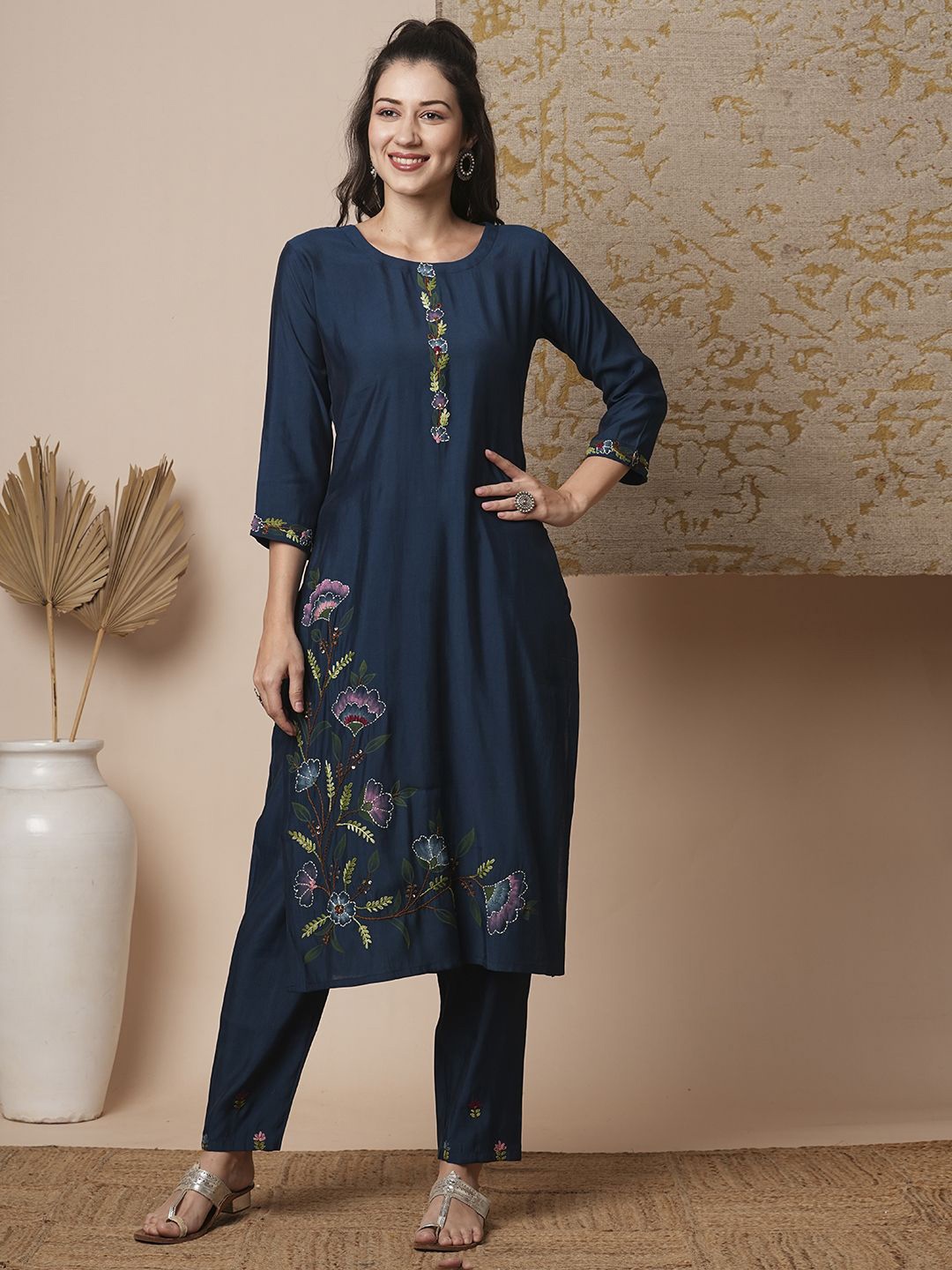 

FASHOR Teal Blue Embroidered Round Neck Tunic With Trousers