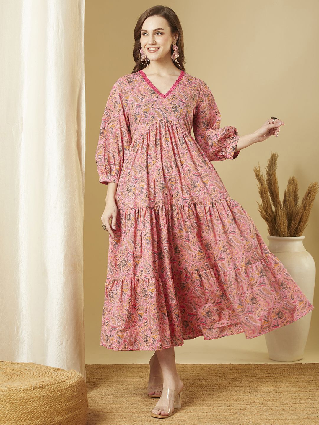 

FASHOR Women Cotton Ethnic Motifs Printed A-Line Dress, Pink