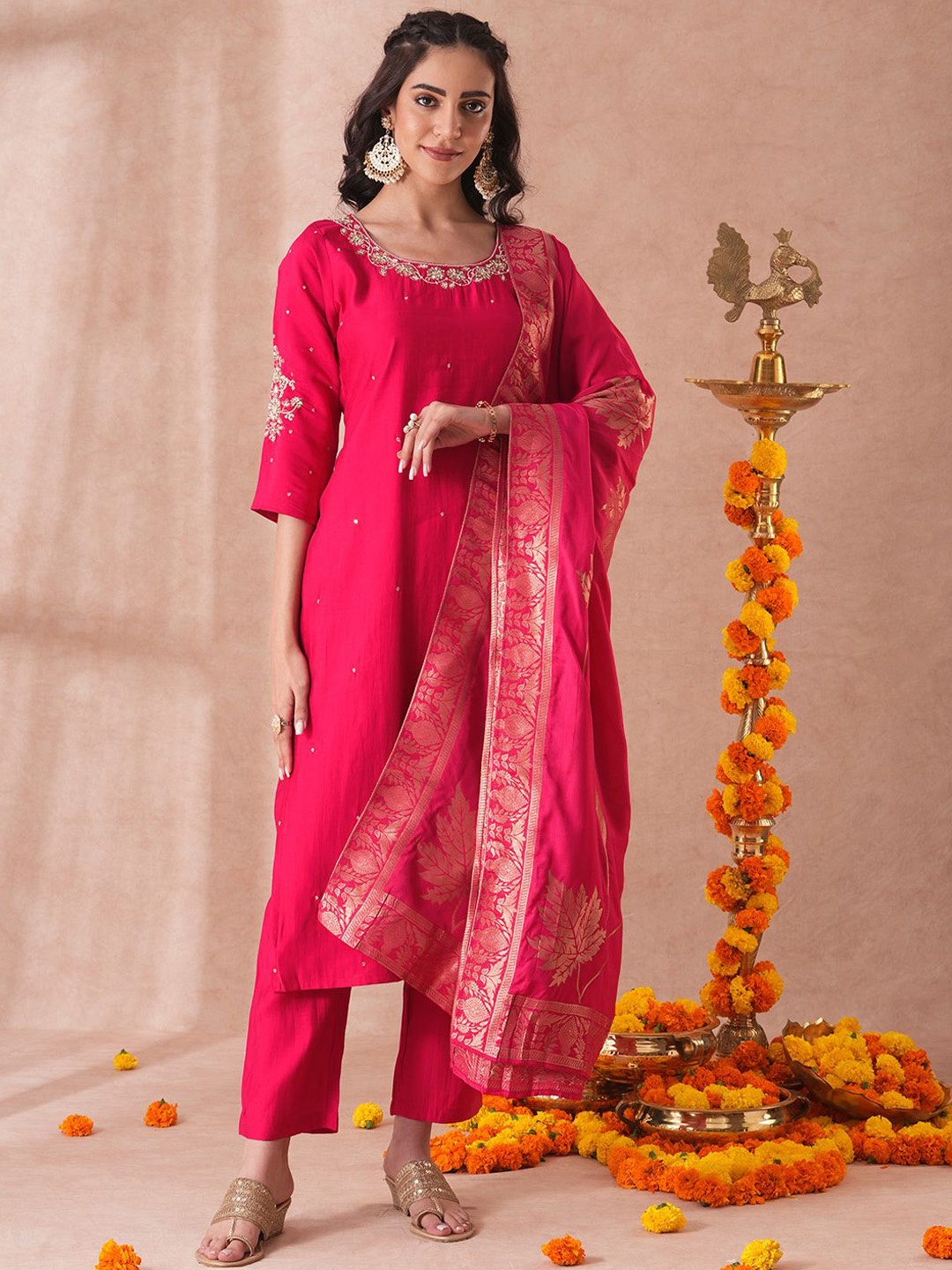 

Fashor Ethnic Motifs Embroidered Zari Straight Kurta with Trouser and Dupatta, Pink