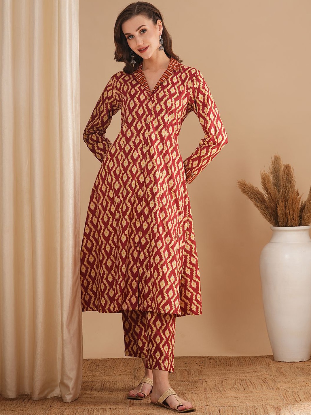 

FASHOR Printed Shirt Collar Pure Cotton Tunic With Trouser, Maroon