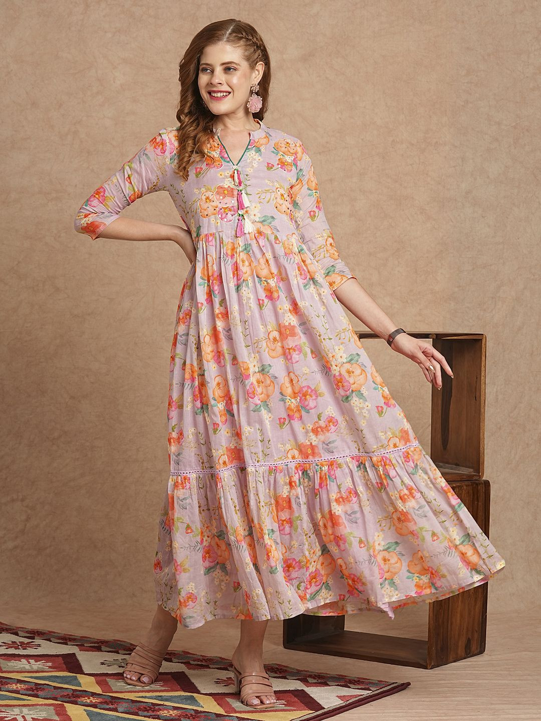

FASHOR Women Floral Printed Cotton Maxi Dress, Lavender