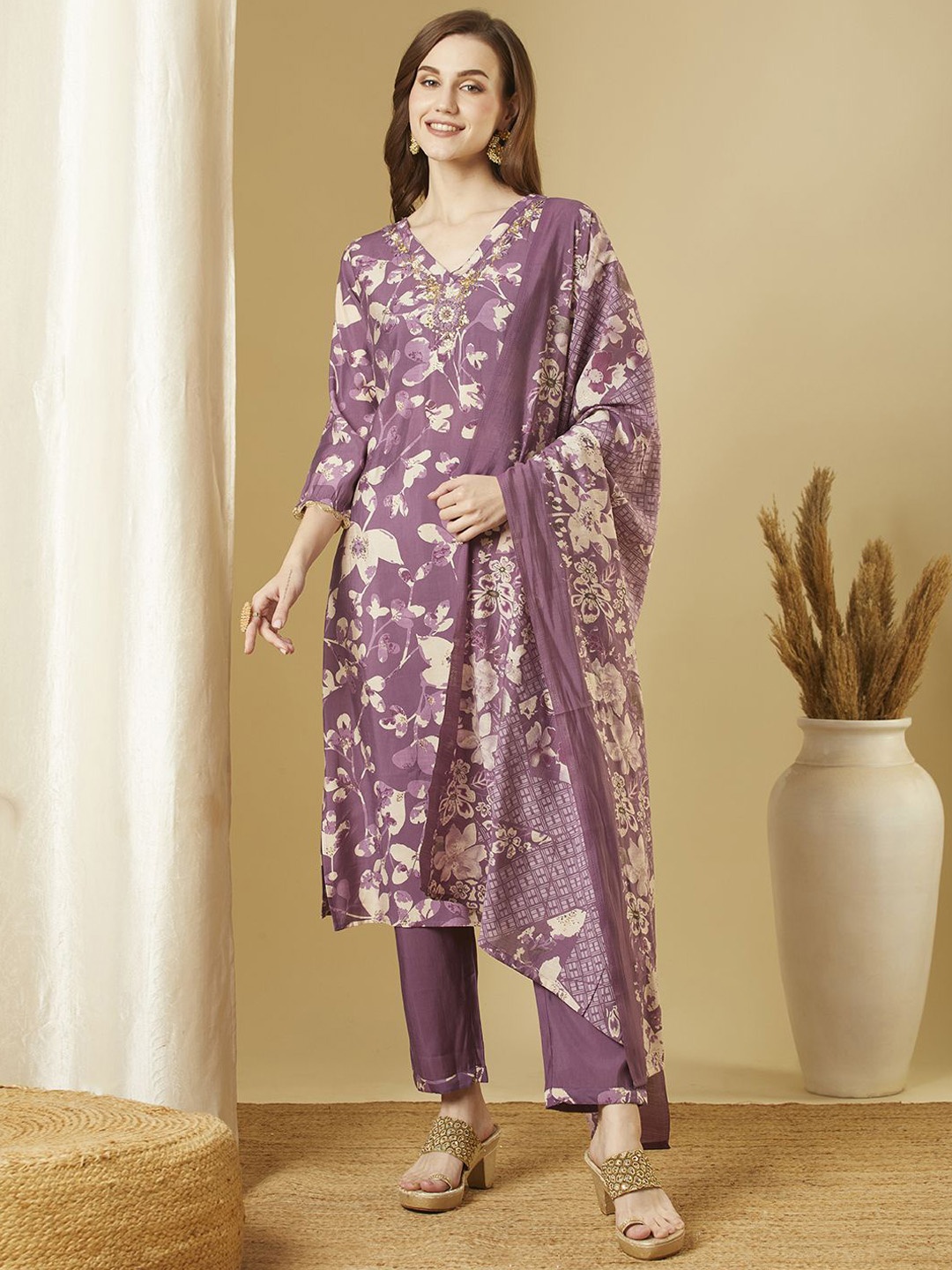 

FASHOR Floral Printed Embroidered V-Neck Straight Kurta with Trousers and Dupatta, Purple