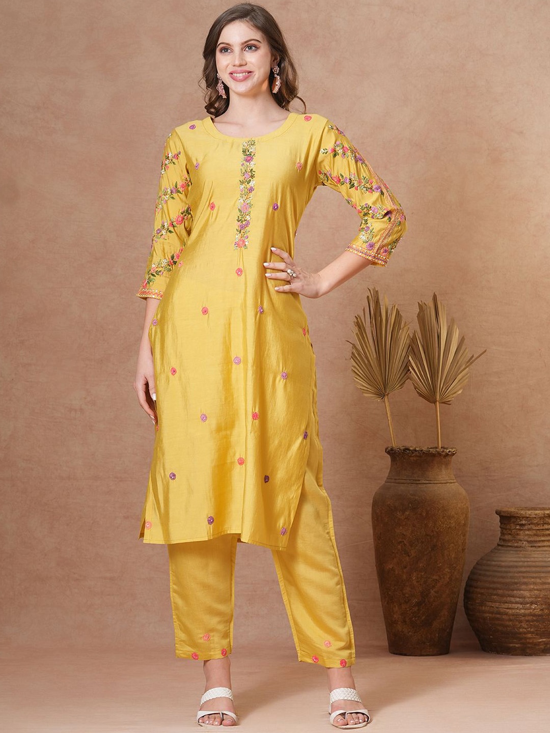 

FASHOR Yellow Embroidered Round Neck Tunic With Trouser