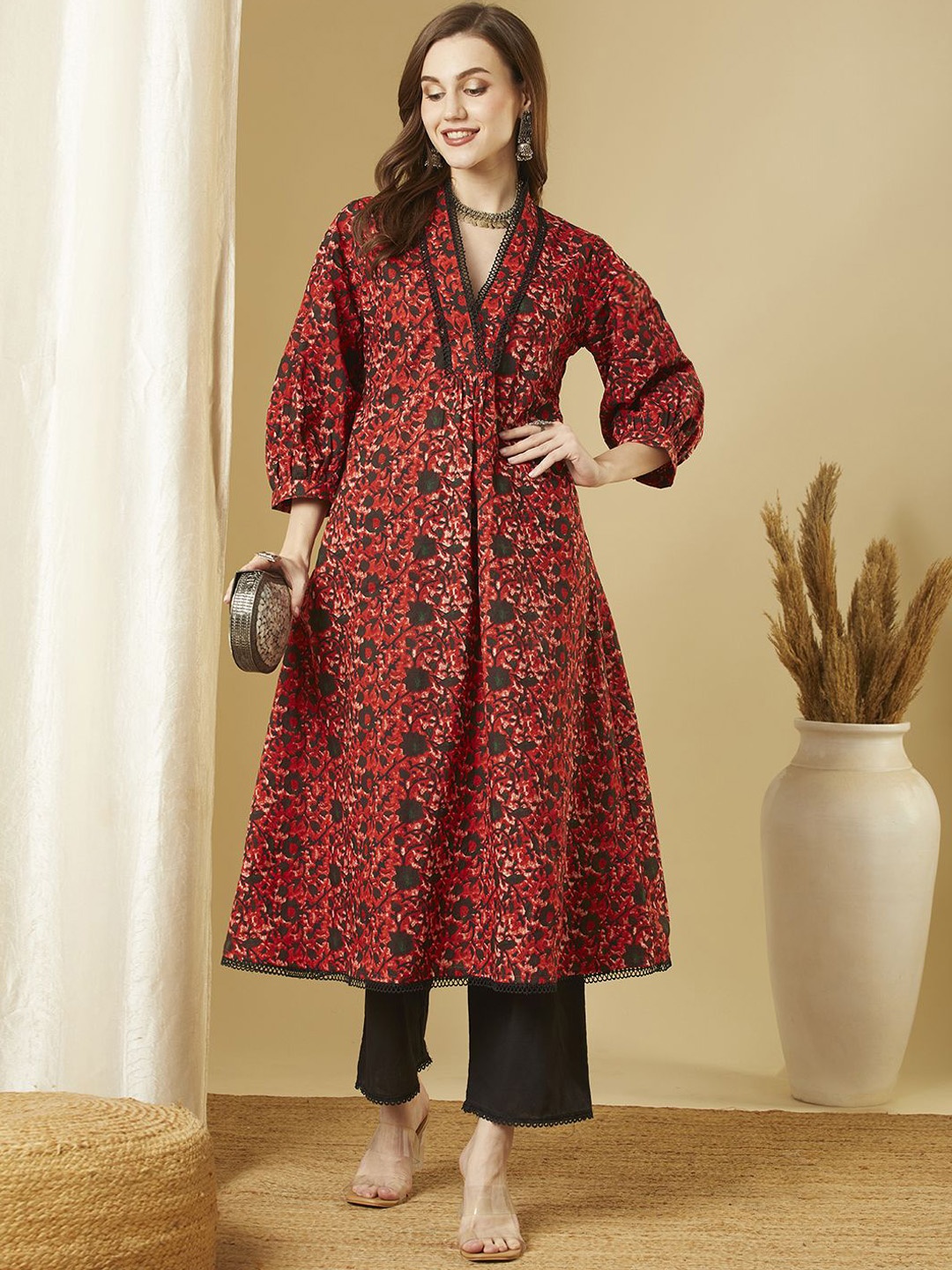 

FASHOR Ethnic Motifs Printed V-Neck Pure Cotton A-Line Kurta, Red