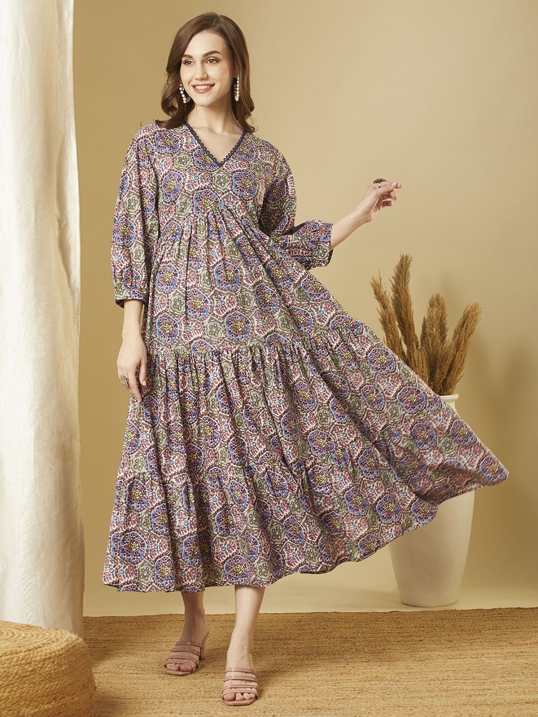 

FASHOR Women Ethnic Motifs Print Puff Sleeve A-Line Dress, Multi