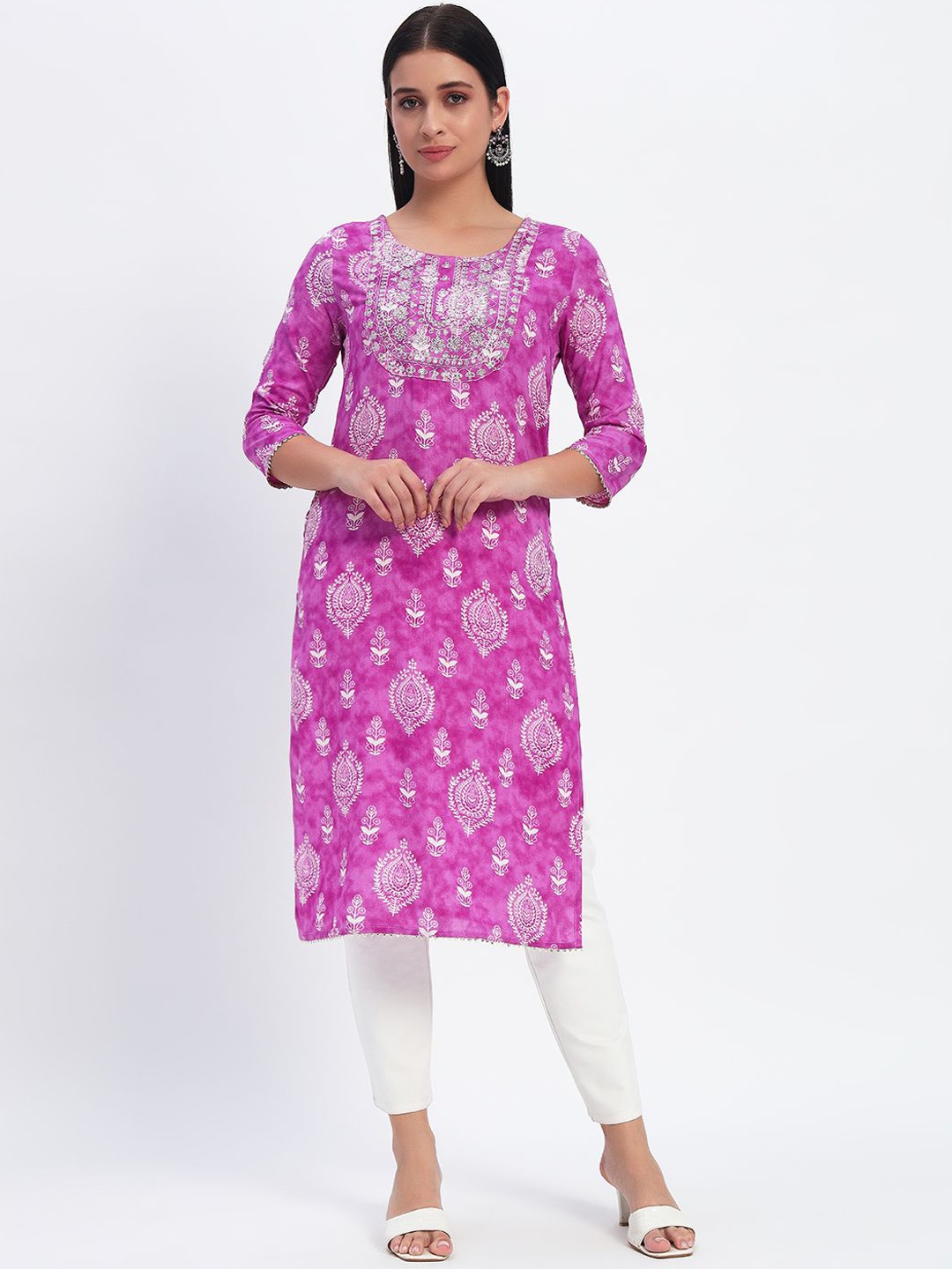 

KALINI Floral Printed Sequins Round Neck Straight Kurta, Pink