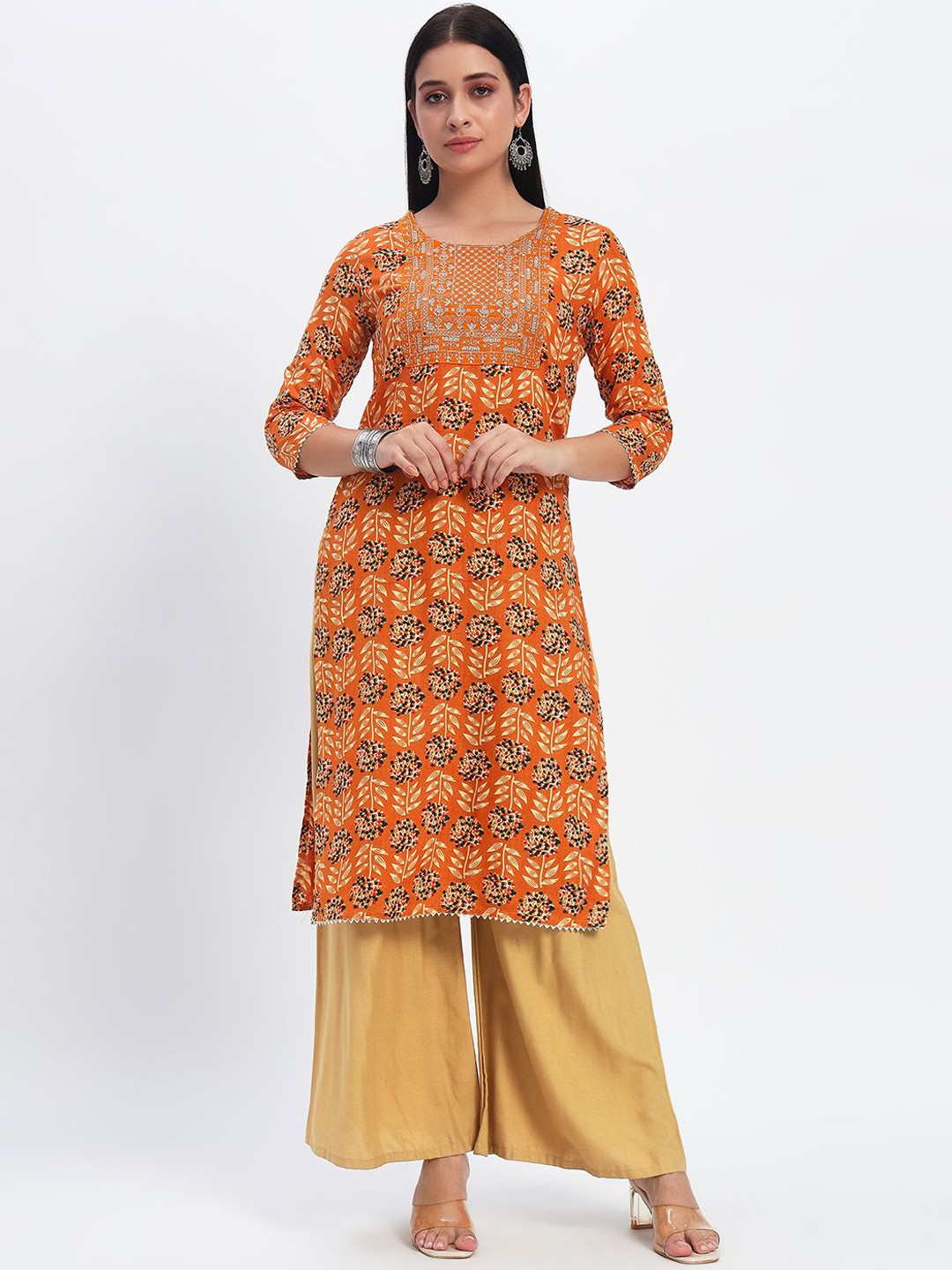 

KALINI Floral Printed Round Neck Mirror Work Straight Kurta, Yellow