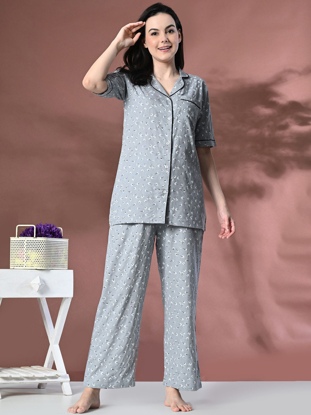 

Mintmarie Women Floral Printed Night suit, Grey