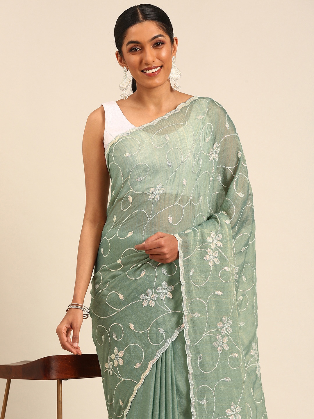 

Mitera Floral Embroidered Sequinned Saree, Green