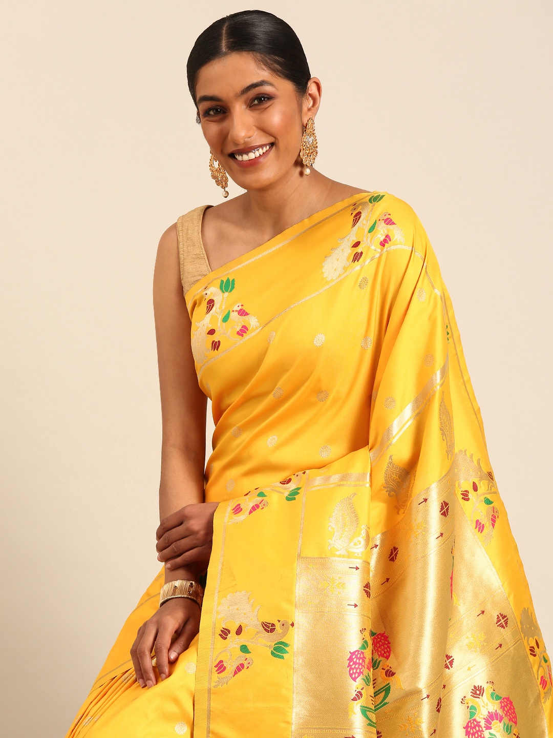 

Mitera Woven Design Zari Silk Blend Designer Paithani Saree, Yellow