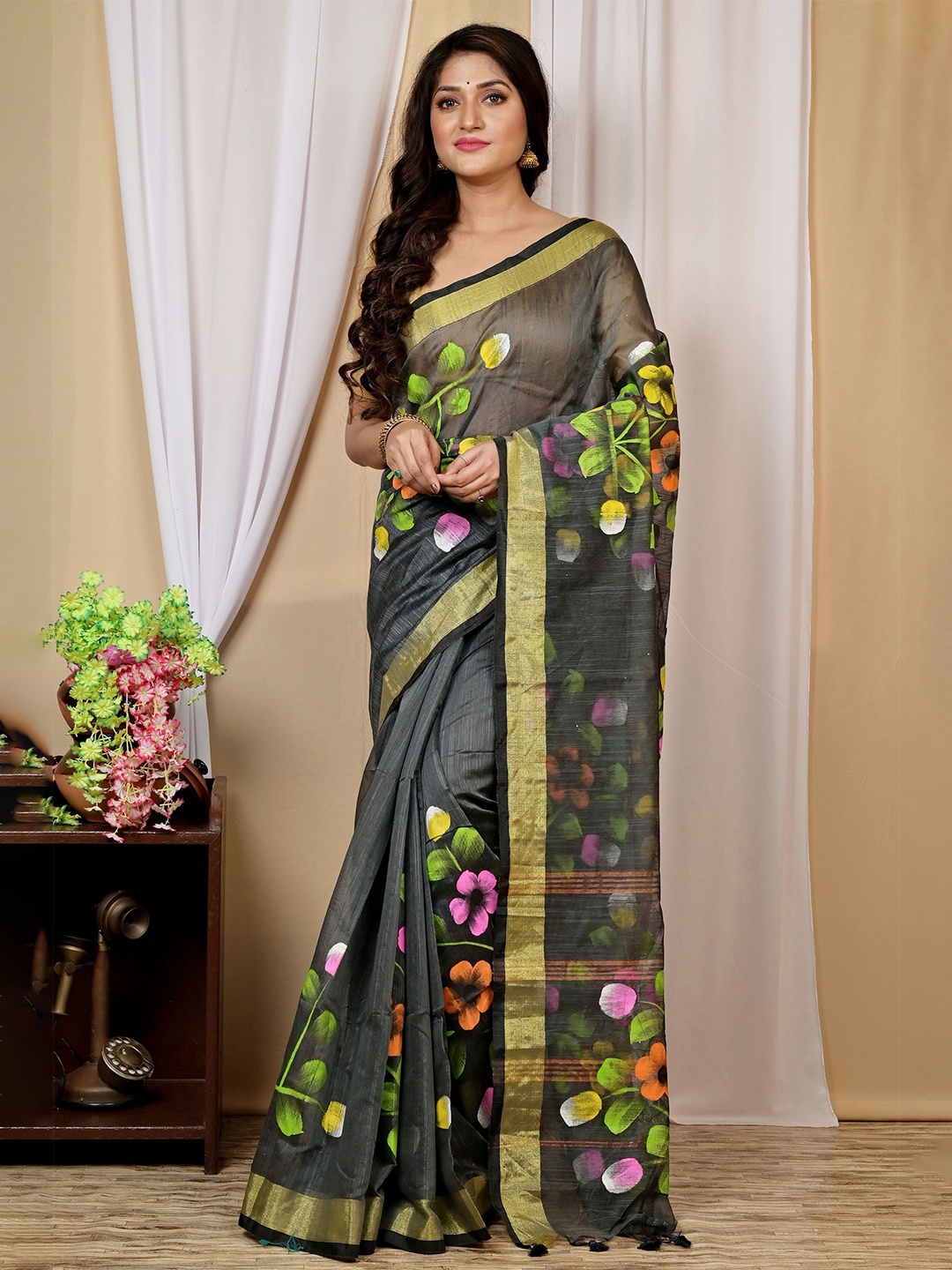 

PuJoy Anito Hand Painted Zari Taant Saree, Black