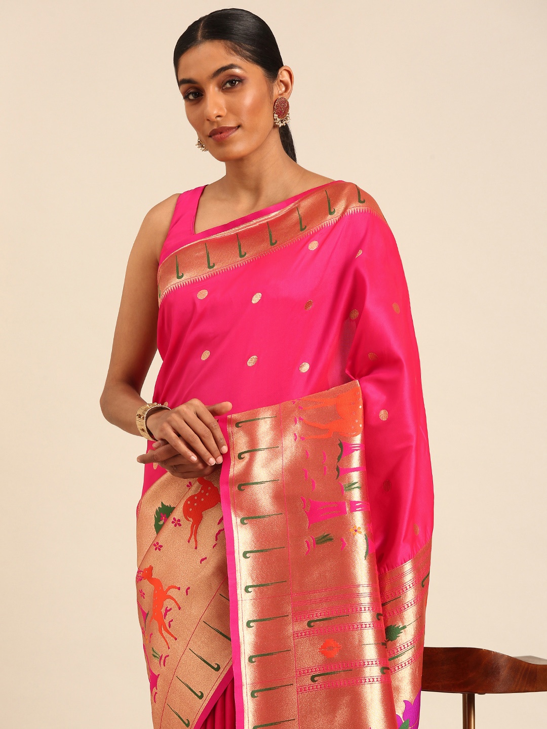 

Mitera Woven Design Zari Silk Blend Designer Paithani Saree, Pink