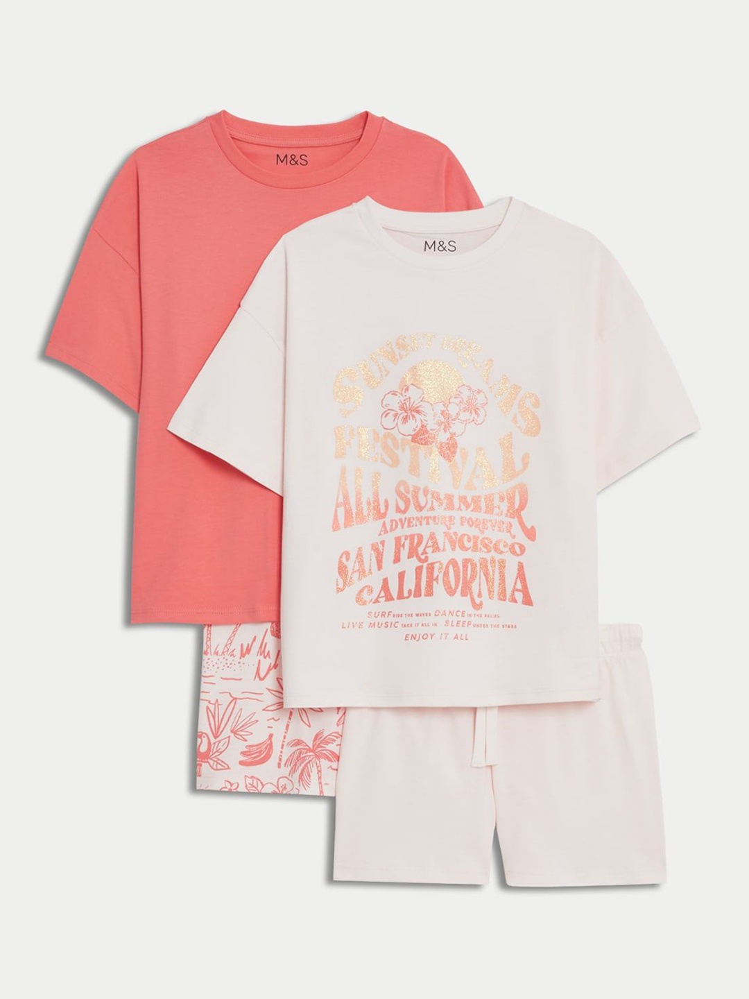 

Marks & Spencer Girls Pack Of 2 Printed Pure Cotton Night suit, Pink