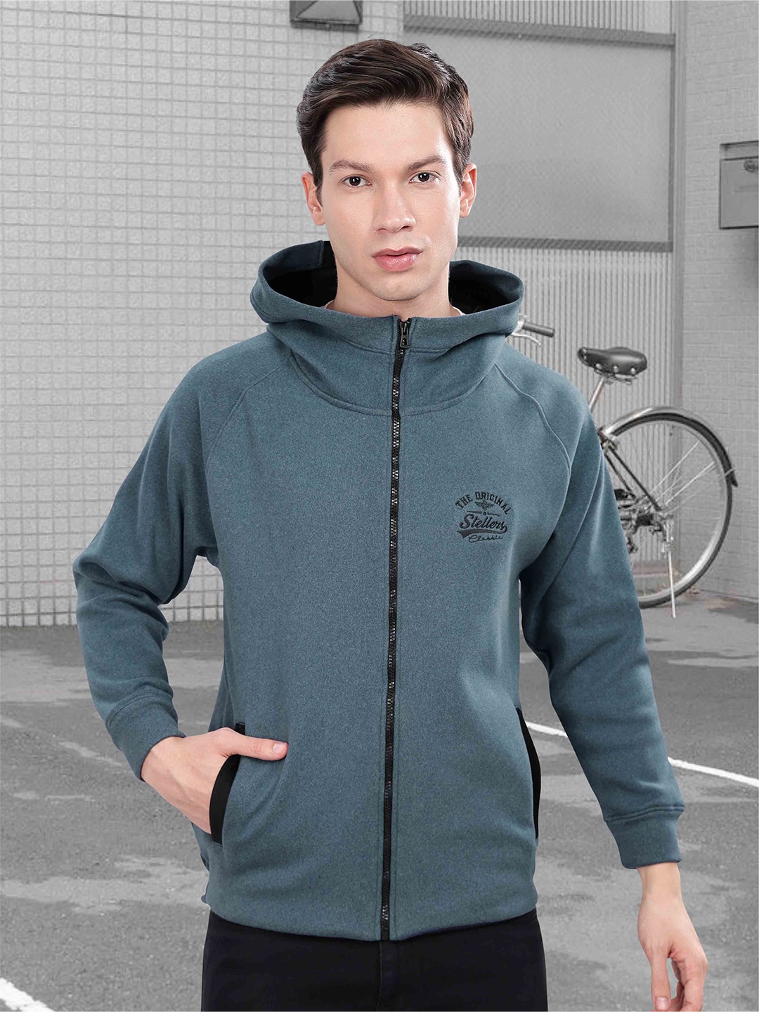 

STELLERS Men Typography Embroidered Hooded Front-Open Sweatshirt, Blue