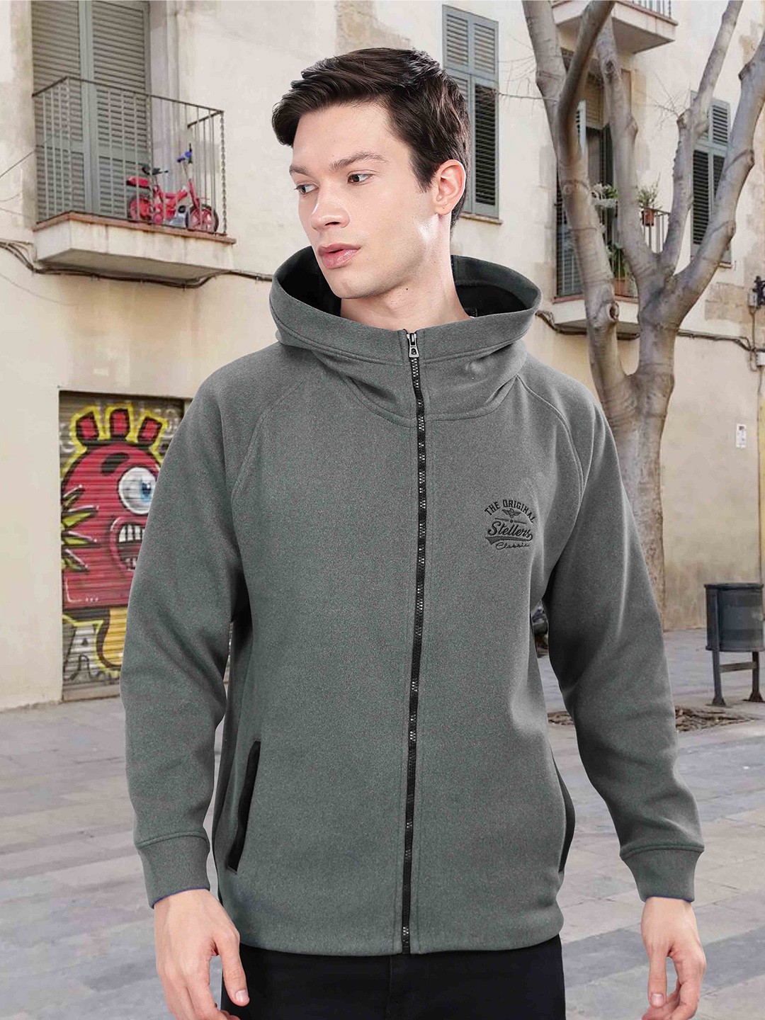 

STELLERS Men Typography Embroidered Hooded Front-Open Sweatshirt, Grey