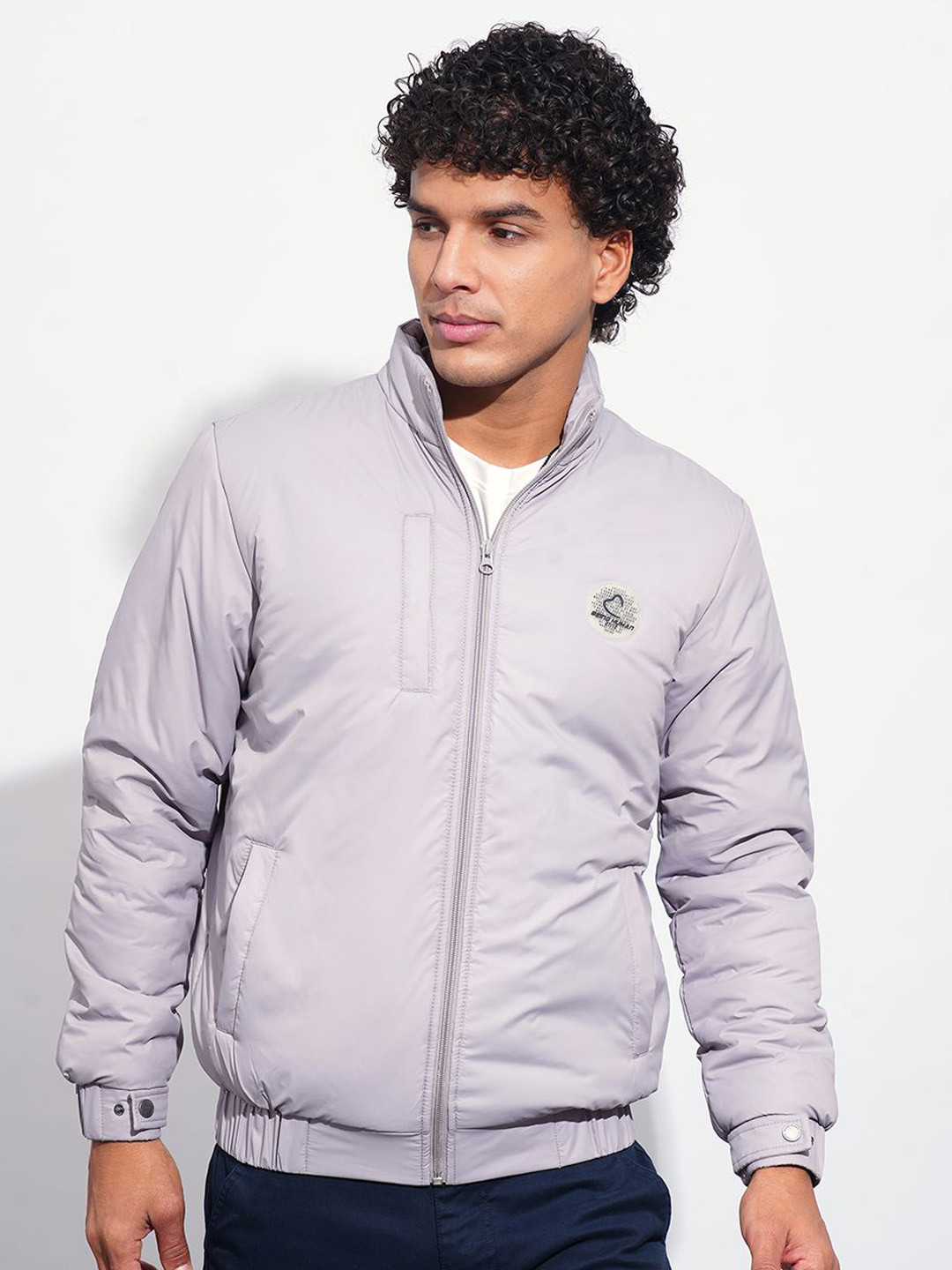 

Being Human Men Mock Collar Solid Casual Bomber Jacket, Grey