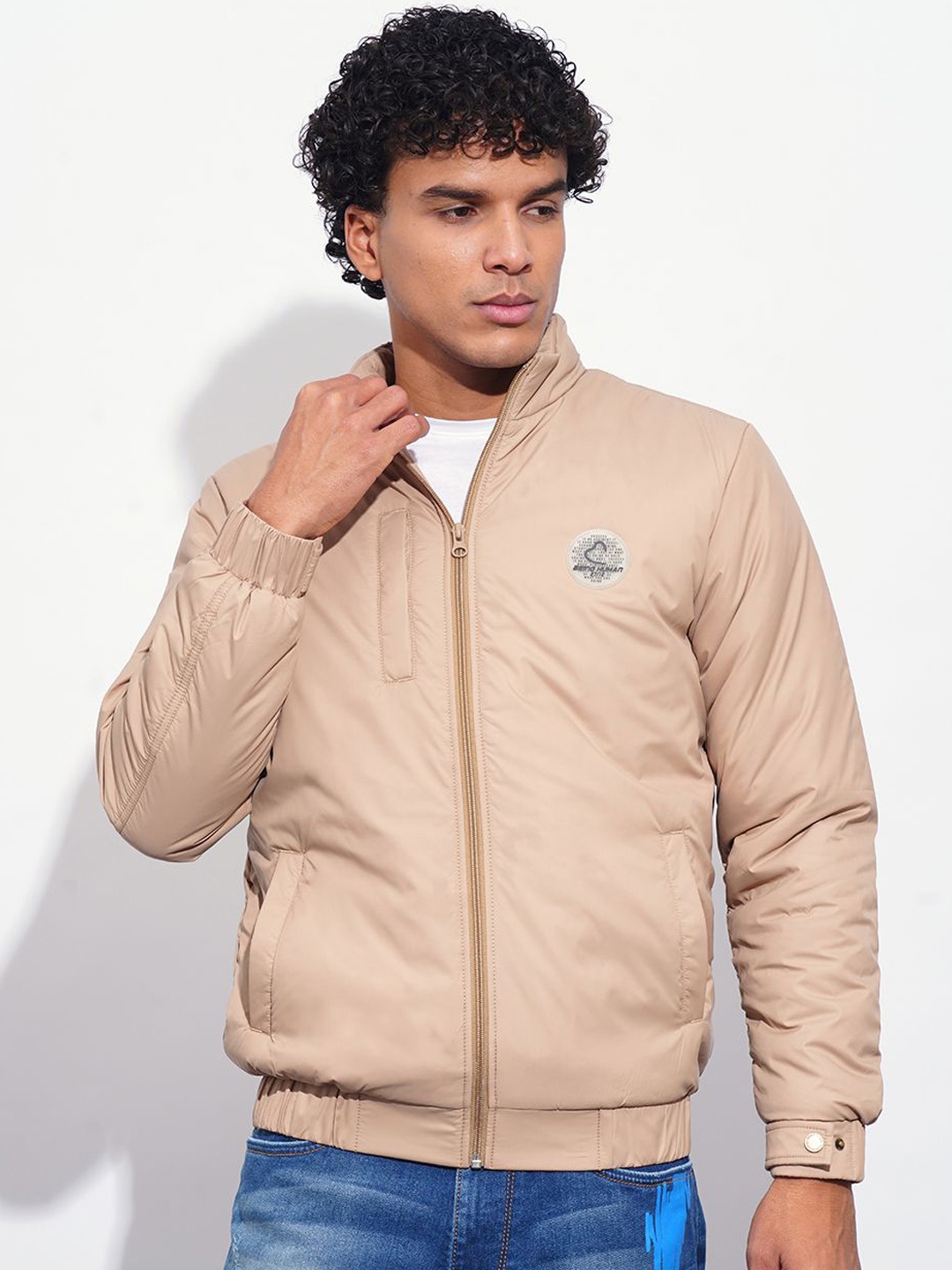 

Being Human Men Mock Collar Solid Casual Bomber Jacket, Brown