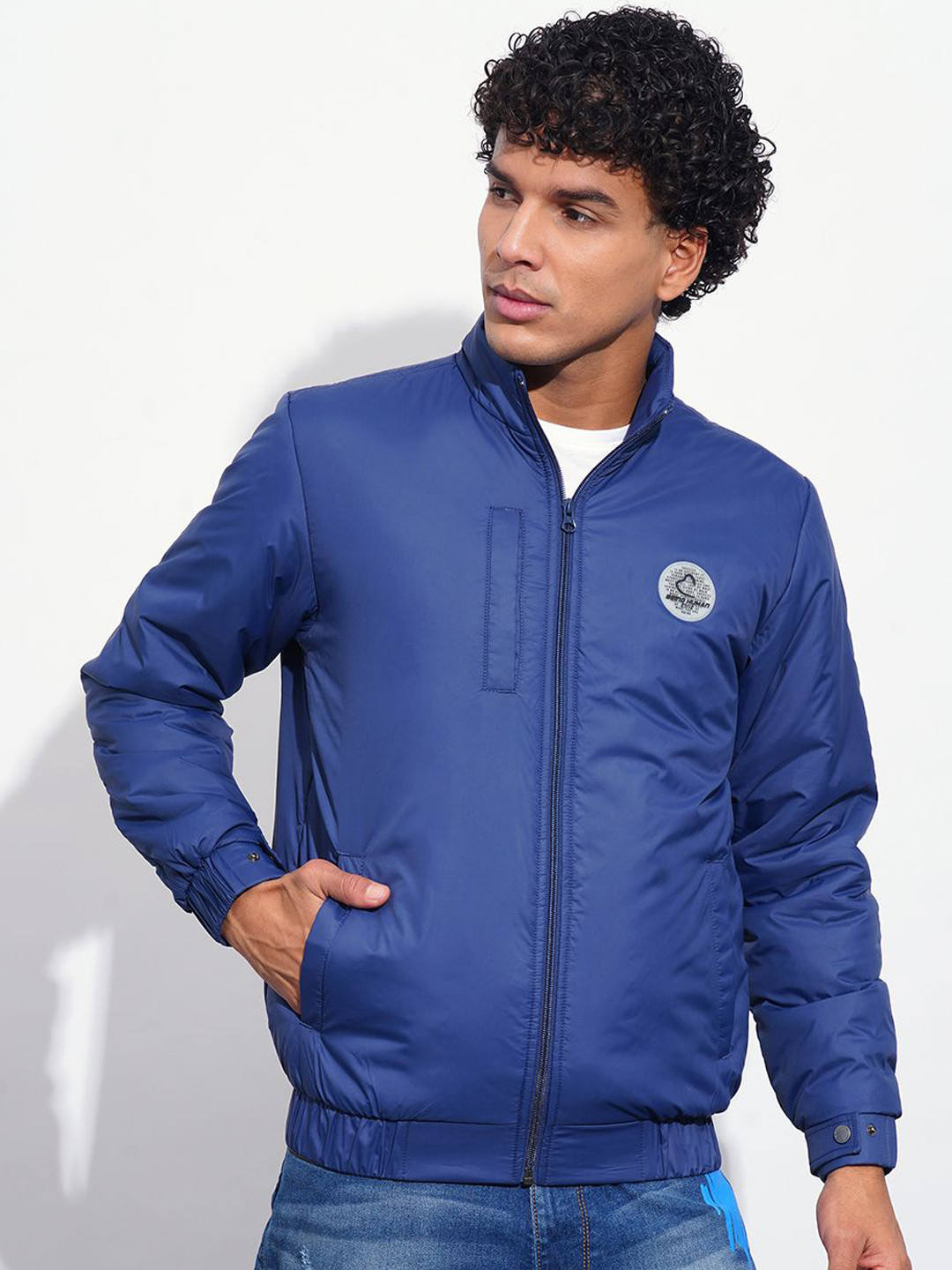 

Being Human Men Mock Collar Solid Casual Bomber Jacket, Blue
