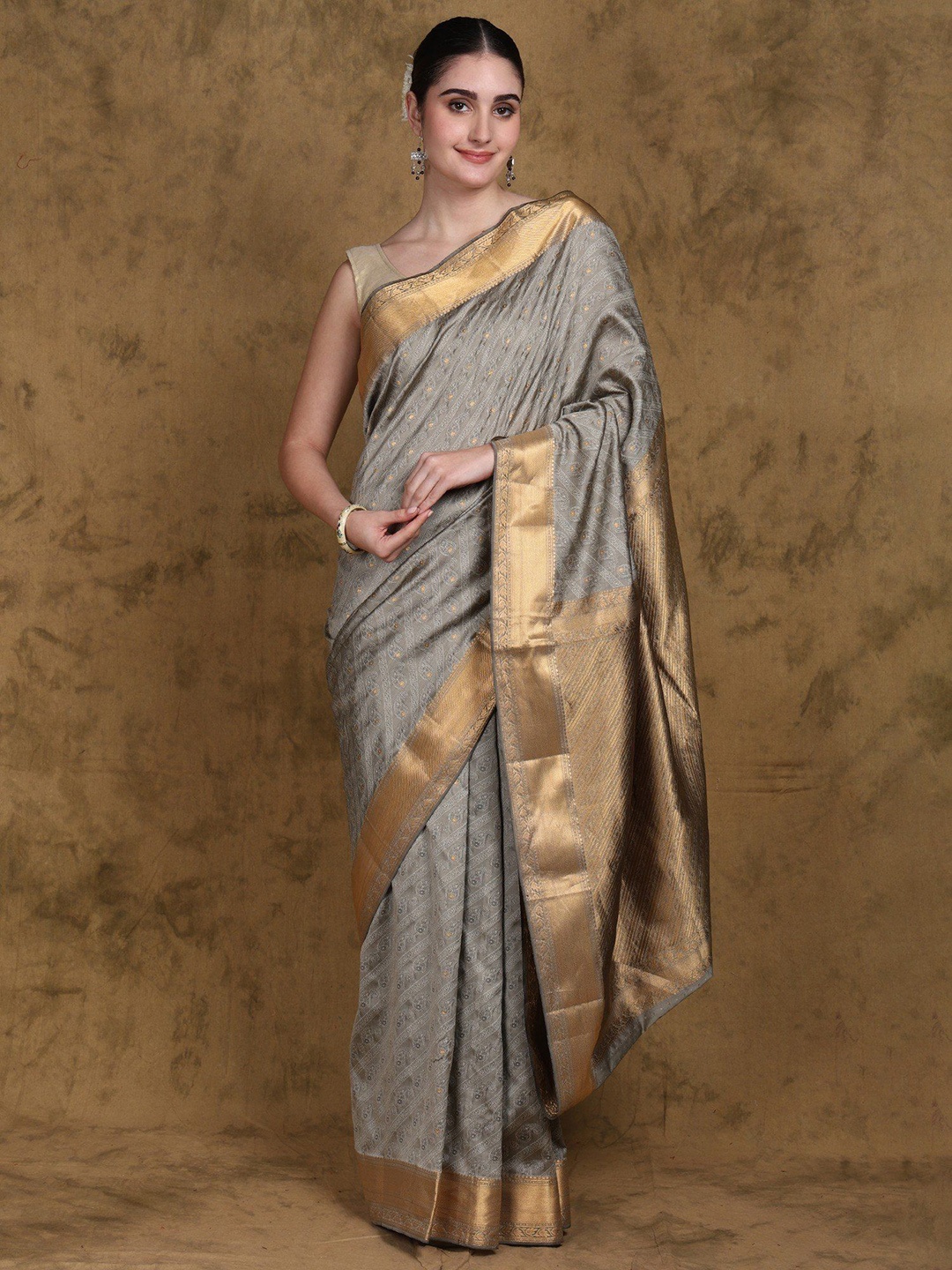 

Exotic India Steeple Gray Paisley Thread work Pure Silk Saree with Zari Border, Grey