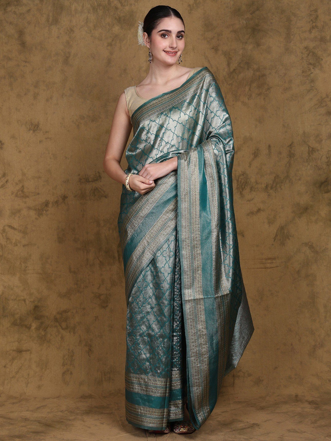 

Exotic India Banarasi Tissue Saree with All over Woven Geometric Pattern, Green