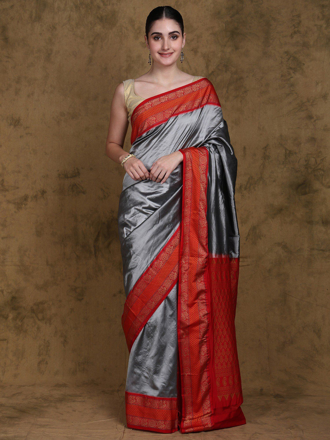 

Exotic India Pure Silk Handloom Saree from Bangalore with Thread Woven Peacock and Chakra, Grey