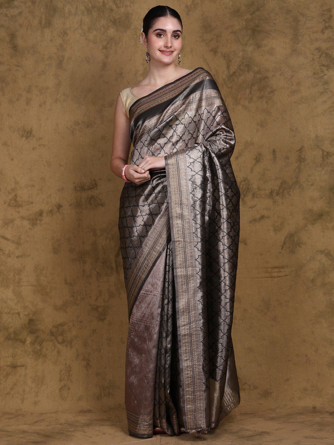 

Exotic India Banarasi Tissue Saree with All over Woven Geometric Pattern, Grey