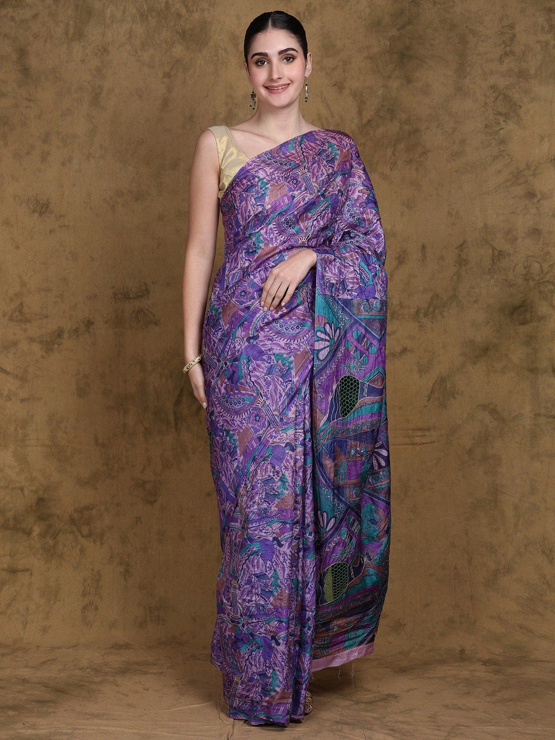 

Exotic India Horse and Peacock Printed Saree with Chain Stitch Embroidered Pallu and Beads, Purple