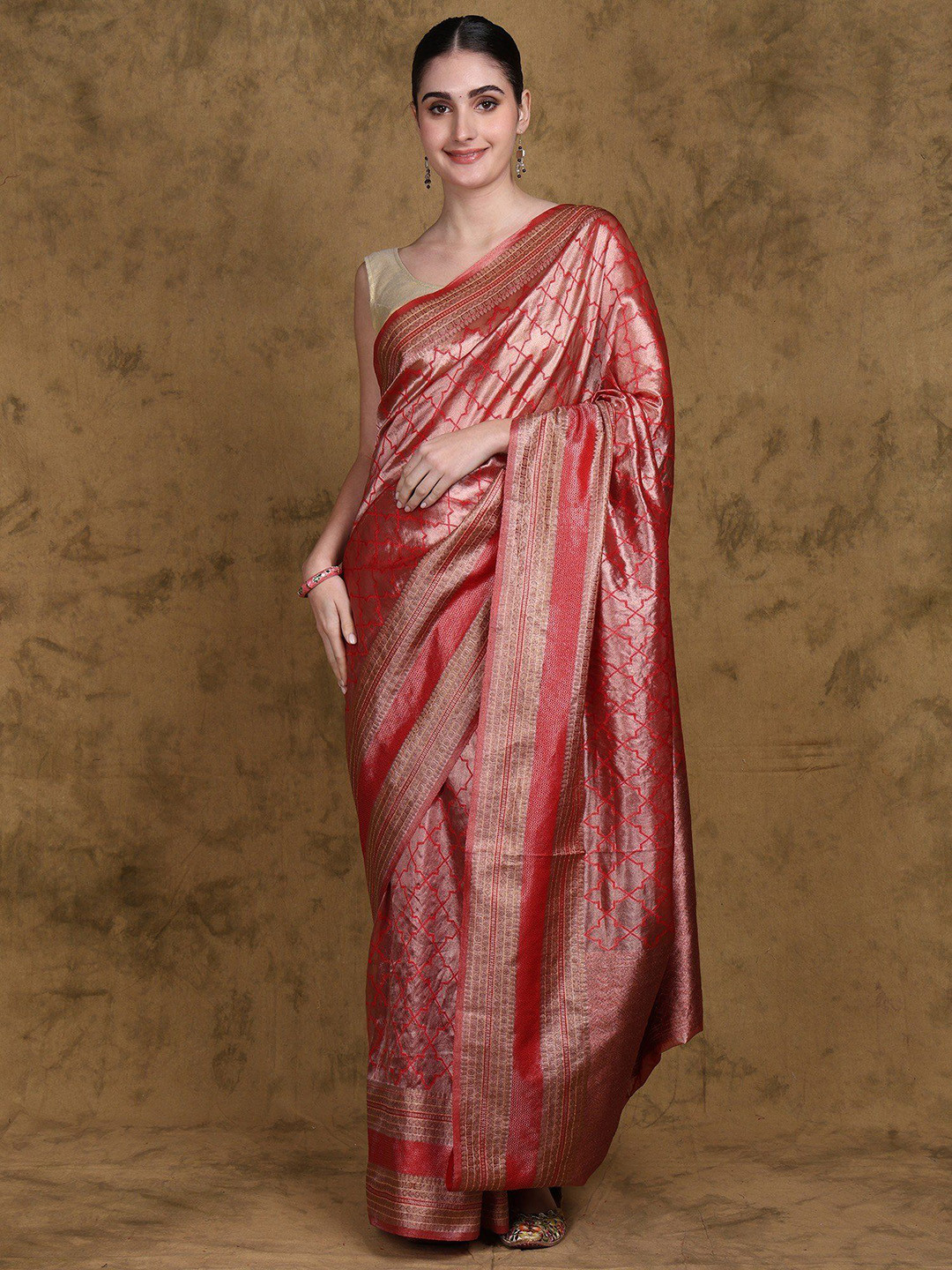 

Exotic India Banarasi Tissue Saree with All over Woven Geometric Pattern, Red