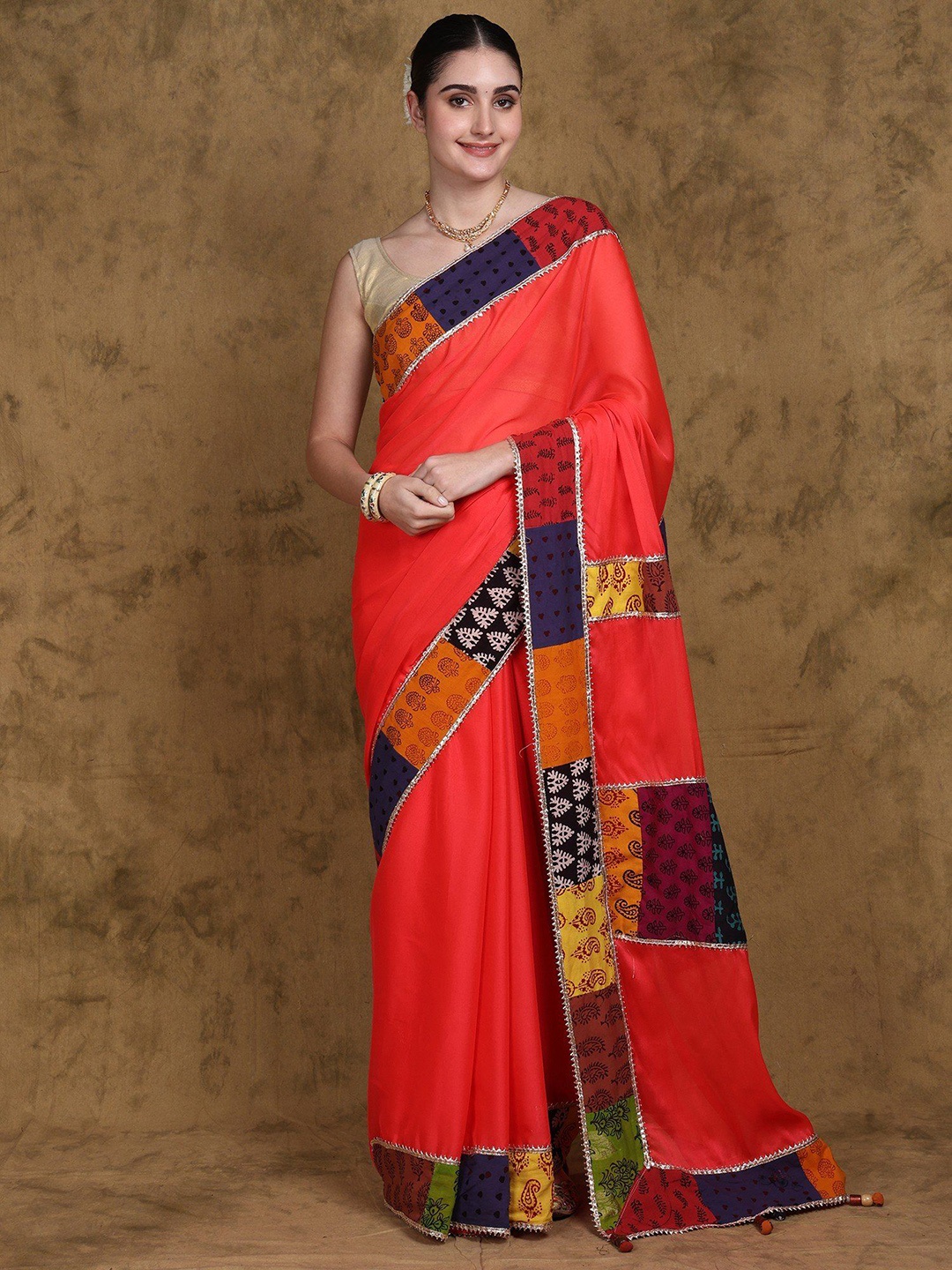 

Exotic India Patchwork Saree Handcrafted by Adivasi Women of Madhya Pradesh, Red