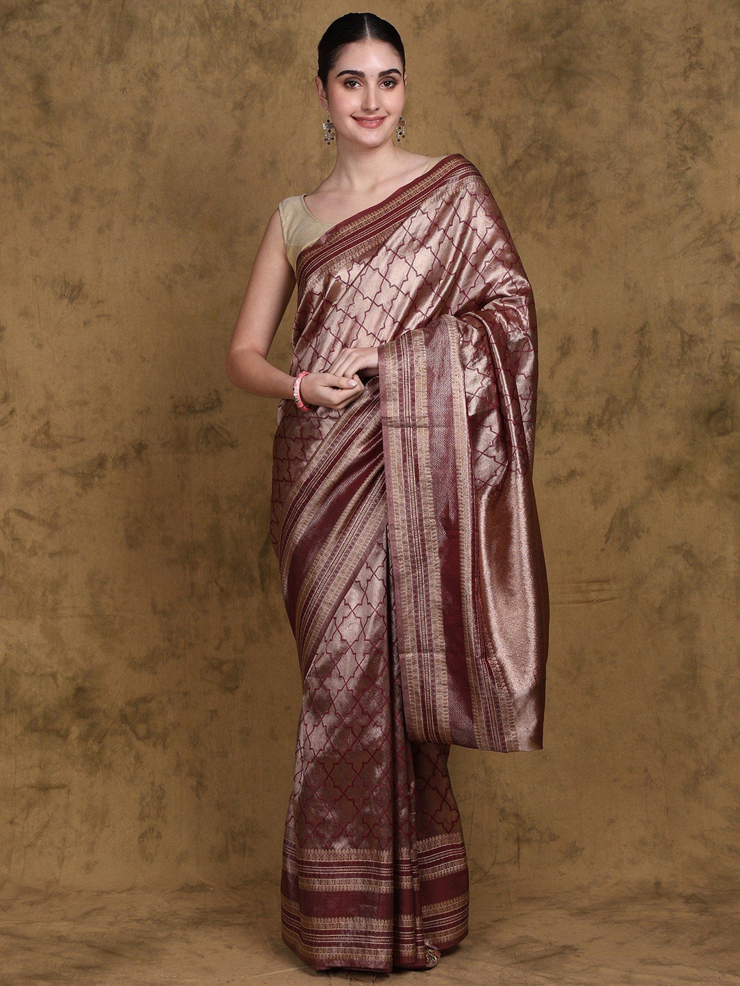 

Exotic India Banarasi Tissue Saree with All over Woven Geometric Pattern, Maroon