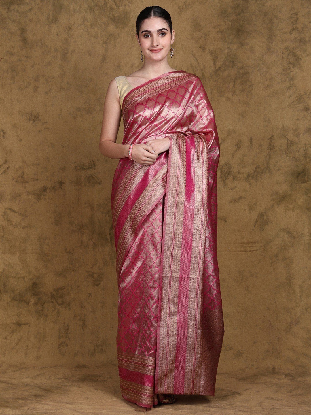 

Exotic India Art Silk Tissue Saree from Banaras with All-over Woven Geometric Pattern, Pink