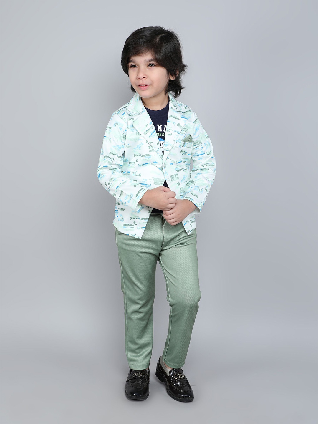 

BAESD Boys Printed Single-Breasted Blazer And Trousers With T-Shirt 3-Piece Suit, Green