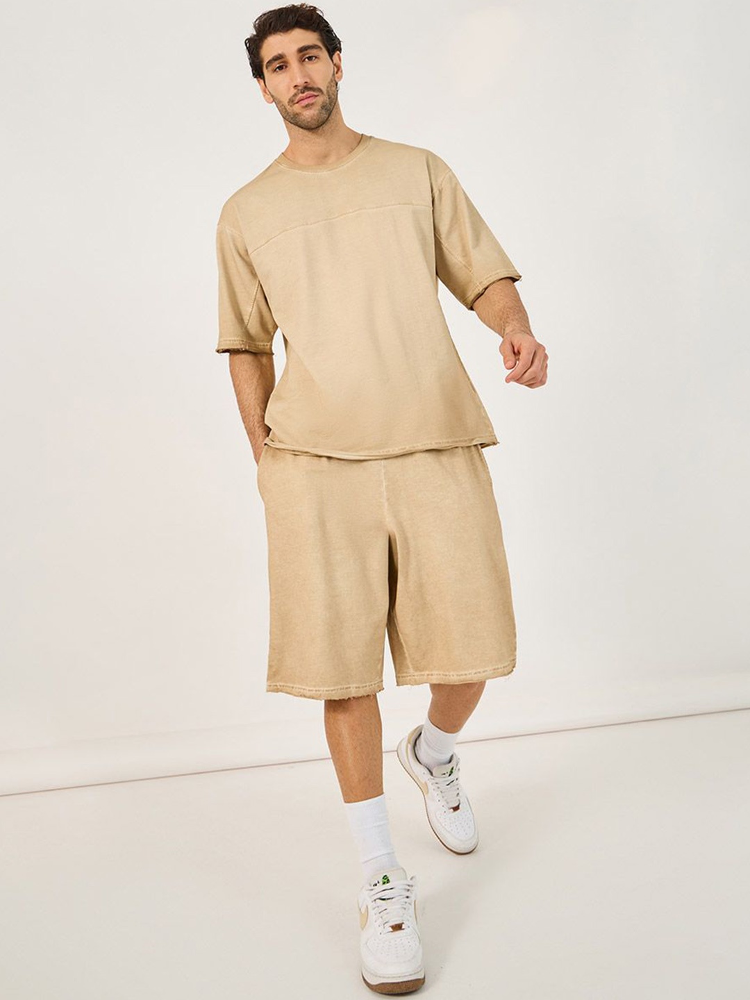 

Styli Beige Short Sleeves Pure Cotton T-Shirt With Shorts