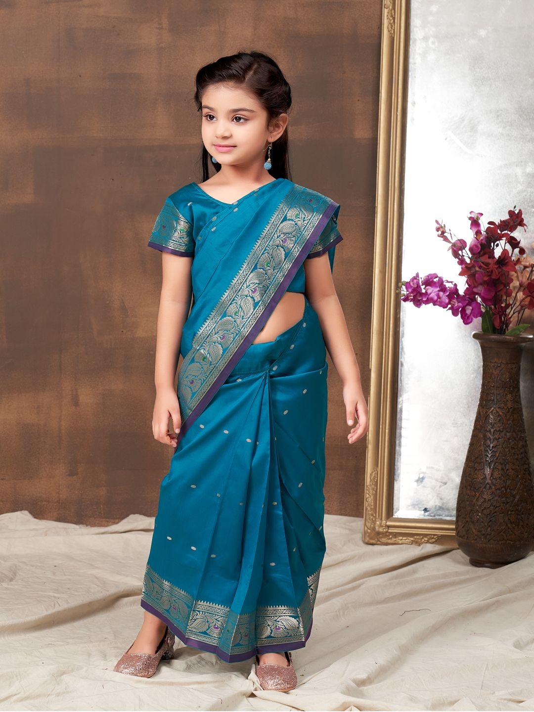 

Sangria Girls Woven Design Zari Banarasi Saree, Teal