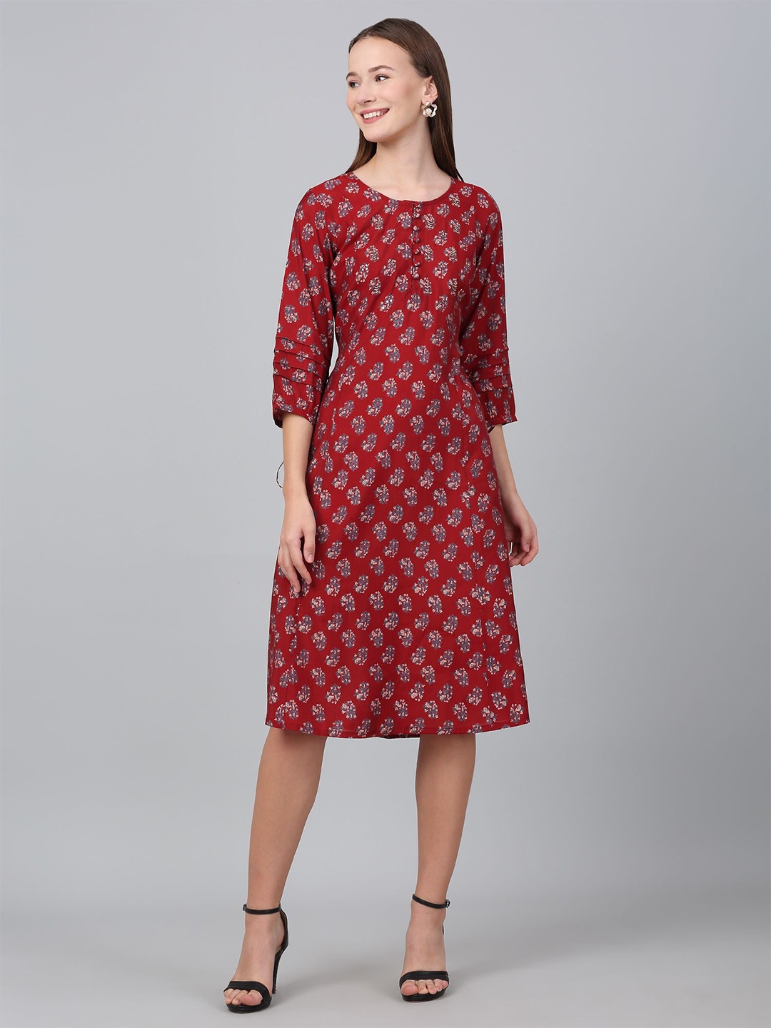 

Cantabil Women Floral Print A-Line Dress, Rust